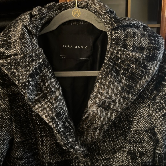 Zara Basic L White Black Jacket 17% Wool Lined Winter Big Pleated Collar F1 - Picture 2 of 11